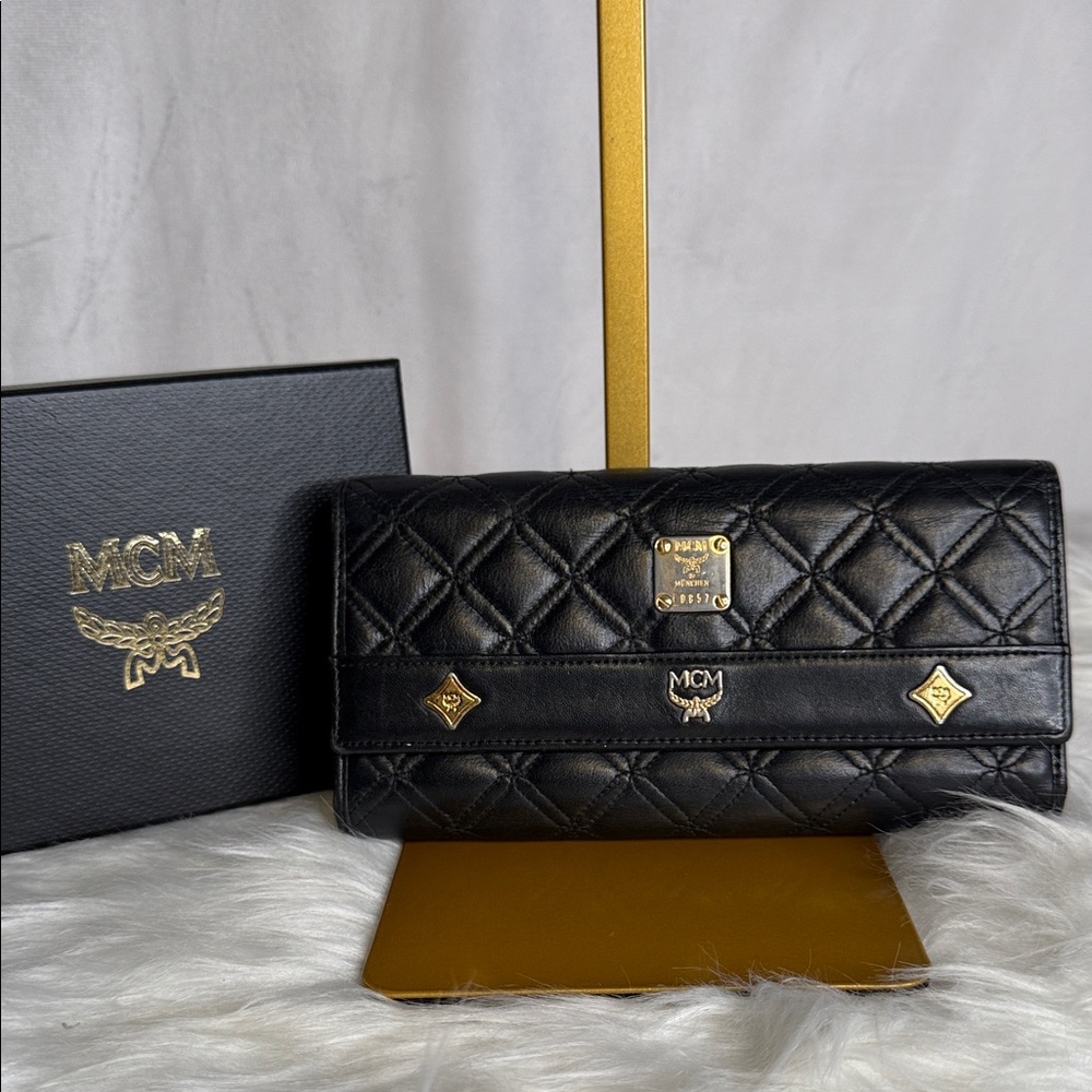 MCM Black Quilted Wallet with Gold Accents